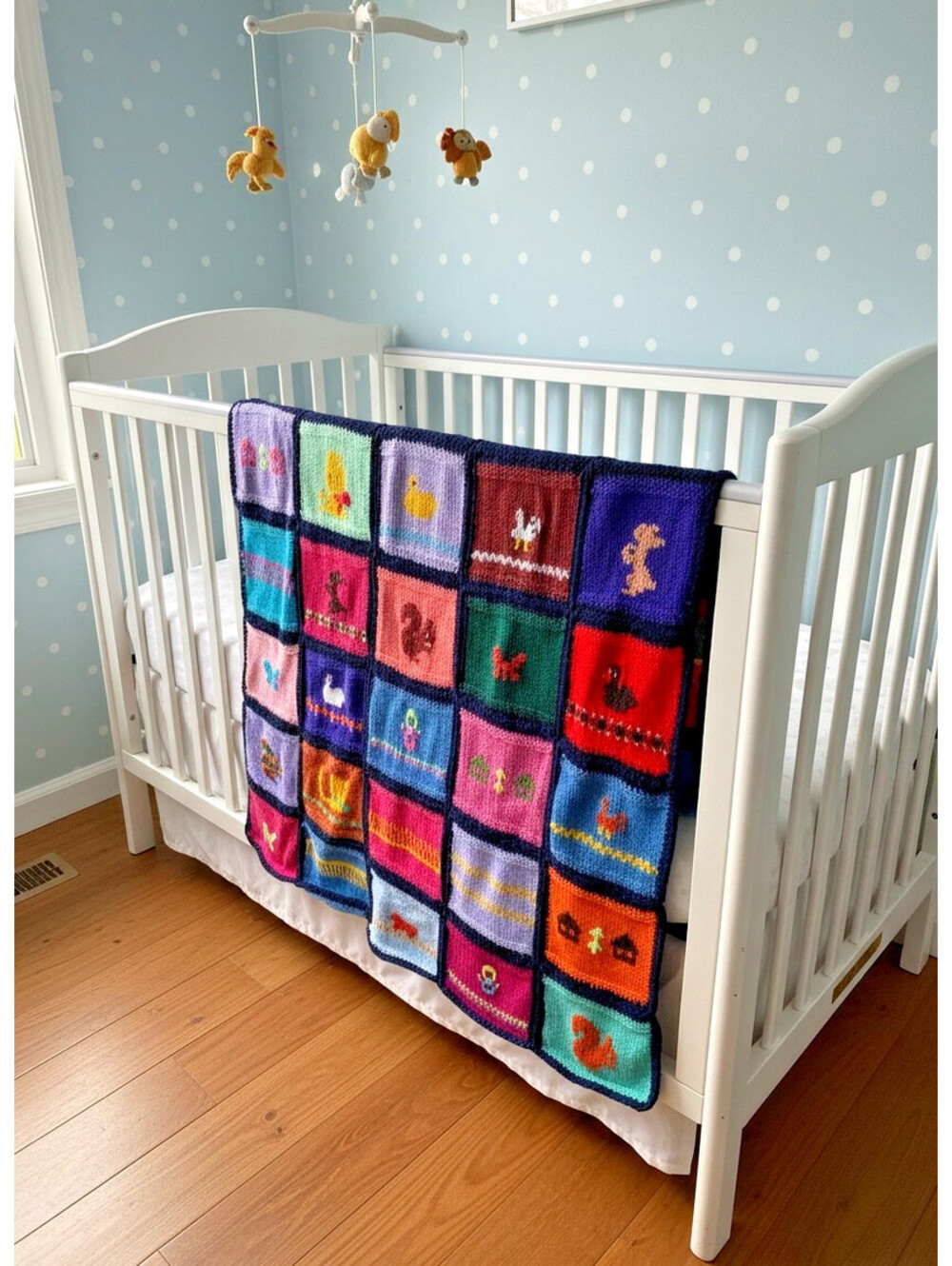 Hand Knit Baby Blanket Nursery Animal Motif Throw 36x60 Heirloom Handmade